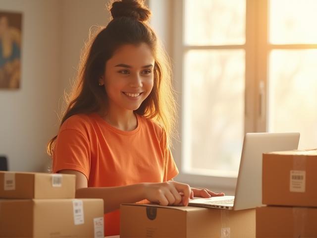 Young influencer packing orders from home using dropshipping fulfillment
